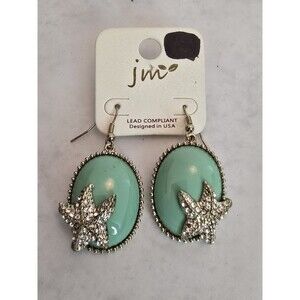 New Mint Green Oval Starfish Rhinestone Dangle Earrings Gold Tone Coastal Beach